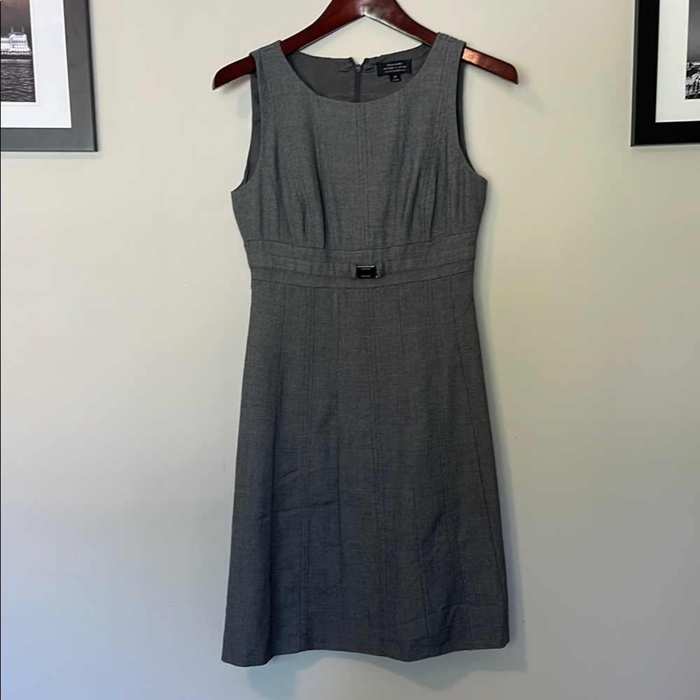 Tahari Gray Sleeveless Sheath Dress Scoop Neck Midi